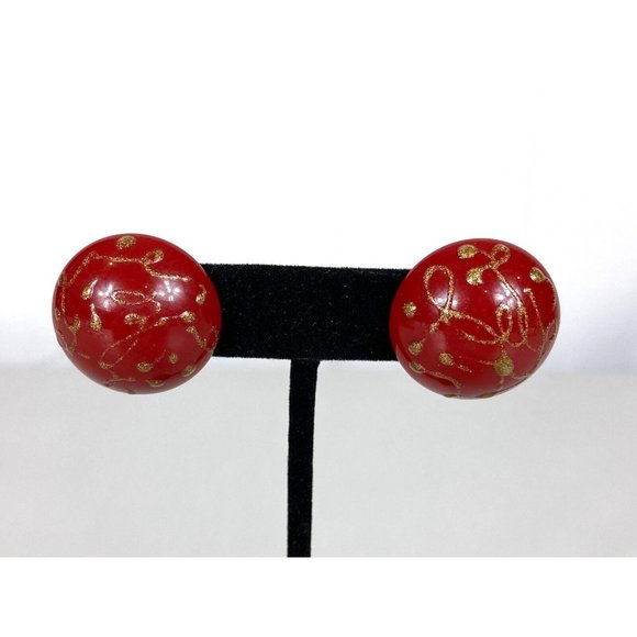 Domed Button Pierced Earrings Gold Glitter Paint Pushback Closure - Picture 1 of 5
